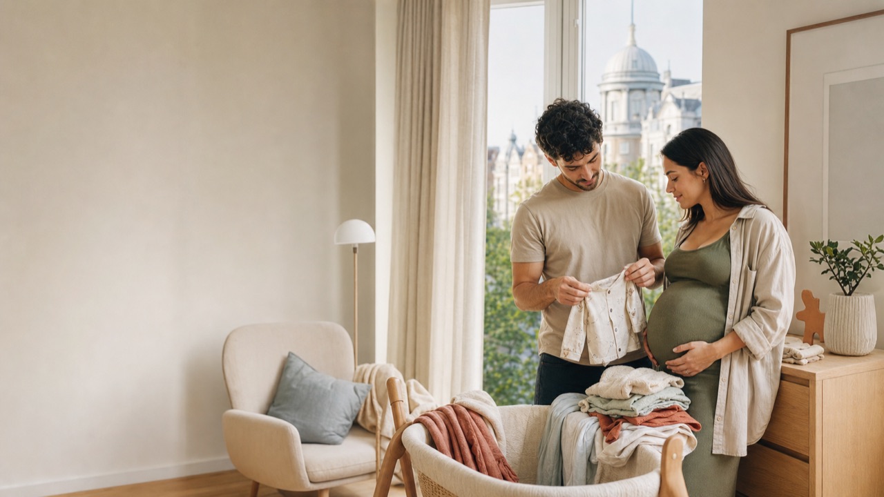 A new family with their baby in a calm home setting